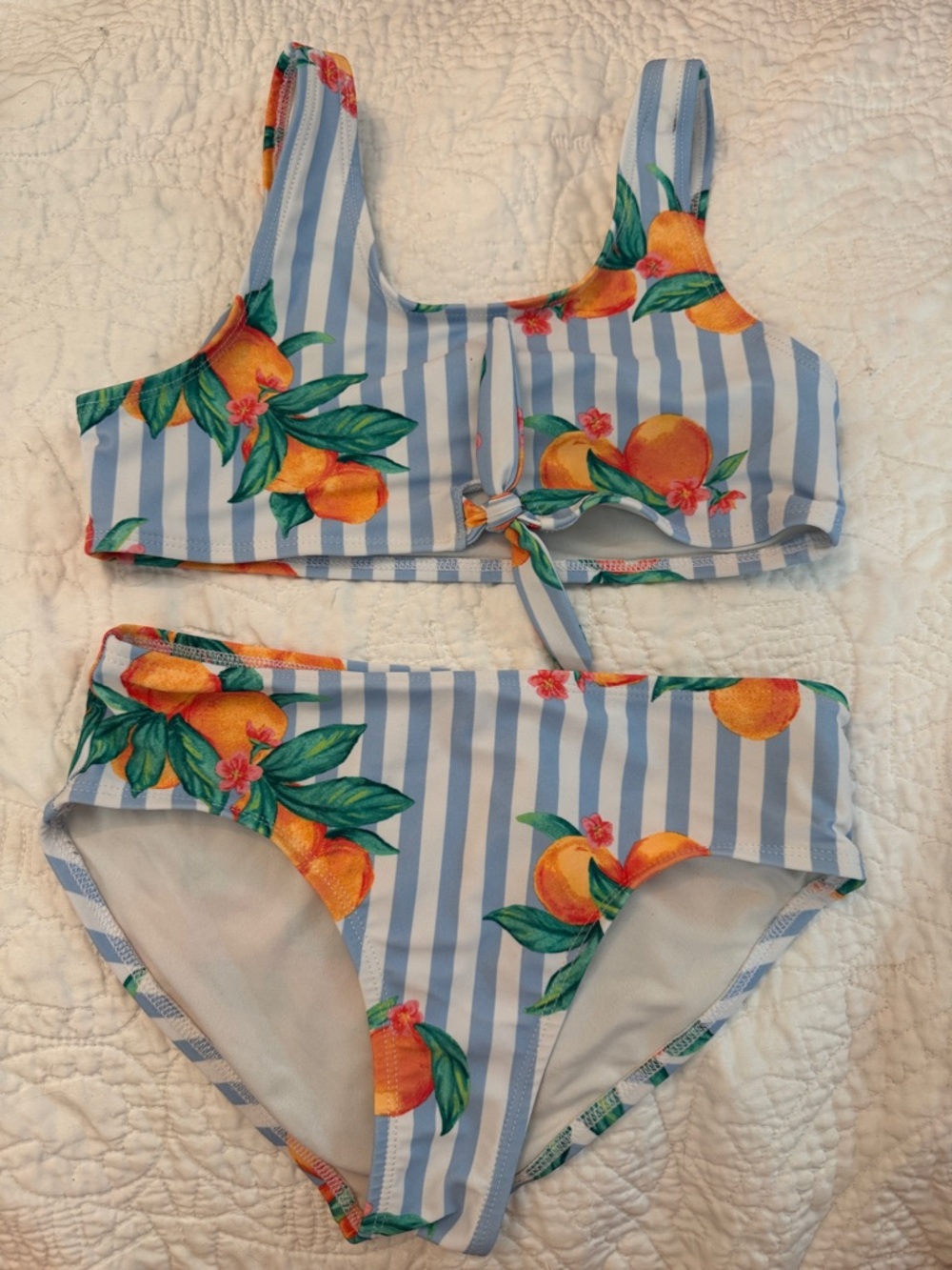 Old Navy Blue & White Stripe Bikini with Orange Fruit Print